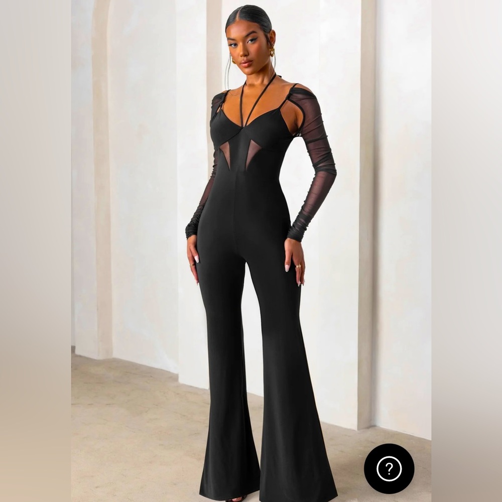 Black Plunge neck wide leg jumpsuit with mesh sleeves